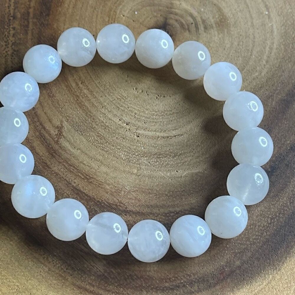 White Moonstone beaded bracelet 7” crystal healing beads 8mm blue flash